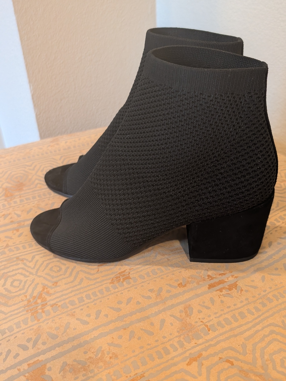 Women’s Black Knit Peep-Toe Block Heel Booties